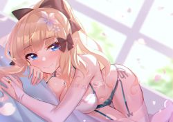 Rule 34 | 1girl, ass, backlighting, bikini, black bow, blonde hair, blue eyes, blush, bow, breasts, cleavage, elf, flower, foreshortening, garter straps, hair bow, hair flower, hair ornament, heiyan shenshi, highres, long hair, looking at viewer, pointy ears, princess connect!, saren (princess connect!), saren (summer) (princess connect!), smile, solo, swimsuit, thighhighs, thighs, white thighhighs