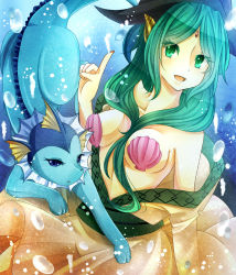 Rule 34 | 1girl, animal hands, bad id, bad pixiv id, bare shoulders, between breasts, blue eyes, blue skin, breasts, bubble, cleavage, colored skin, creature, creatures (company), crossover, dress, fins, game freak, gen 1 pokemon, green eyes, green hair, hat, head fins, highres, jewelry, long hair, magi the labyrinth of magic, medium breasts, nintendo, off shoulder, open mouth, pokemon, pokemon (creature), shell, shell bikini, underwater, vaporeon, witch hat, yamuraiha