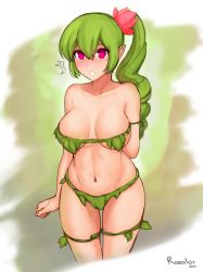Rule 34 | 1girl, bare shoulders, breasts, curly hair, dryad, dryad (terraria), female focus, green hair, hair between eyes, hair ornament, large breasts, leaf bikini, long hair, looking at viewer, midriff, monster girl, navel, nintendo, open mouth, pink eyes, plant girl, pointy ears, ponytail, razalor, revealing clothes, solo, terraria