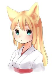 Rule 34 | 1girl, :o, animal ears, blonde hair, blush, fox ears, green eyes, japanese clothes, kai himo, light blush, long hair, miko, original, parted lips, simple background, solo, upper body, white background