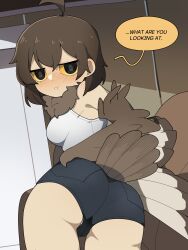 Rule 34 | 1girl, absurdres, ahoge, ass, bare shoulders, bird tail, black eyes, blush, breasts, brown feathers, brown hair, brown wings, colored sclera, english text, feathers, gomulgong, harpy, highres, looking at viewer, looking back, medium breasts, medium hair, monster girl, neck fur, orange sclera, original, owl girl, owl girl (gomulgong), panties, panty peek, pout, speech bubble, tail, tank top, underwear, white tank top, winged arms, wings