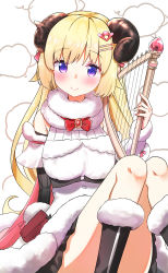 Rule 34 | 1girl, absurdres, animal ears, bag, black footwear, blonde hair, blush, boots, bow, bowtie, breasts, brooch, closed mouth, dress, fur-trimmed boots, fur-trimmed dress, fur collar, fur trim, hair ornament, hair ribbon, hairclip, harp, highres, hololive, horns, instrument, jewelry, knee boots, knees together feet apart, kutar22, long hair, looking at viewer, medium breasts, purple eyes, red bow, red bowtie, ribbed sleeves, ribbon, satchel, sheep, sheep ears, sheep horns, simple background, sitting, smile, solo, thighs, tsunomaki watame, tsunomaki watame (1st costume), virtual youtuber, white background, white dress, wool