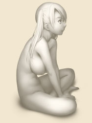 Rule 34 | 1girl, breasts, from side, full body, highres, indian style, ino (magloid), kousaka rino, monochrome, navel, nipples, nude, otome function, parted bangs, simple background, sitting, solo, twintails