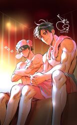 Rule 34 | 2boys, absurdres, alternate hairstyle, bae (baebae), black eyes, black hair, crossed arms, feet out of frame, highres, indoors, looking at another, male focus, multiple boys, muscular, muscular male, naked towel, nose bubble, rukawa kaede, sauna, sendou akira, short hair, sitting, slam dunk (series), sleeping, smile, sweat, towel, towel around neck, towel around waist, towel on head, wooden wall, zzz