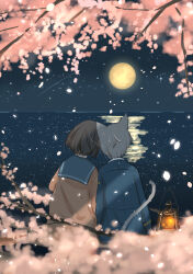 Rule 34 | 1boy, 1girl, animal ears, arms at sides, blue jacket, blue sailor collar, branch, brown hair, brown shirt, cat boy, cat ears, cherry blossoms, facing ahead, falling petals, from behind, full body, full moon, grey hair, highres, horizon, jacket, lantern, leaning on person, leaning to the side, long sleeves, moon, night, night sky, ocean, original, outdoors, petals, sailor collar, sakurada chihiro, shirt, shooting star, short hair, side-by-side, sky, star (sky), starry sky, water