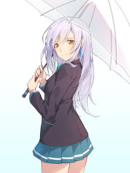 Rule 34 | 10s, 1girl, blazer, blue background, blue skirt, brown eyes, brown jacket, closed mouth, cowboy shot, earrings, gradient background, hair between eyes, hands up, highres, holding, holding umbrella, irozuku sekai no ashita kara, jacket, jewelry, long hair, long sleeves, looking at viewer, looking to the side, nian (zhanian), pleated skirt, purple hair, school uniform, skirt, solo, transparent, transparent umbrella, tsukishiro hitomi, umbrella, very long hair, white background