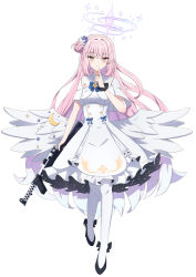 1girl black_footwear black_scrunchie blue_archive breasts brown_eyes capelet closed_mouth commentary_request crescent dress feathered_wings flower frilled_dress frills full_body grey_wings gun hair_bun hair_flower hair_ornament halo hand_up highres holding holding_gun holding_weapon lanchester_smg long_hair medium_breasts mika_(blue_archive) pantyhose pink_hair purple_flower scrunchie shoes simple_background single_side_bun smile solo standing standing_on_one_leg submachine_gun synn032 very_long_hair weapon white_background white_capelet white_dress white_pantyhose wings wrist_scrunchie