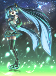 Rule 34 | bad id, bad pixiv id, blue eyes, blue hair, detached sleeves, hatsune miku, headset, highres, long hair, naa~, necktie, skirt, solo, star (sky), star (symbol), thighhighs, twintails, very long hair, vocaloid