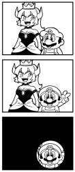 Rule 34 | 1boy, 1girl, 3koma, armlet, bkub, bowsette, collar, comic, crown, dress, earrings, eyes visible through hair, facial hair, greyscale, hat, highres, horns, jewelry, long hair, looking at viewer, mario, mario (series), monochrome, mustache, new super mario bros. u deluxe, nintendo, open mouth, overalls, sharp teeth, short hair, sidelocks, silent comic, simple background, spiked armlet, spiked collar, spikes, strapless, strapless dress, super crown, teeth, transformation, v, white background