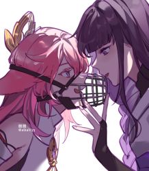 Rule 34 | 2girls, alkalilyy, bridal gauntlets, eye contact, eyebrows hidden by hair, from side, genshin impact, highres, looking at another, multiple girls, muzzle, parted lips, pink hair, purple hair, raiden shogun, simple background, twitter username, white background, yae miko, yuri