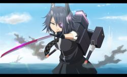 Rule 34 | 10s, 1girl, anime coloring, checkered clothes, checkered necktie, checkered neckwear, eyepatch, fingerless gloves, gloves, headgear, kantai collection, letterboxed, looking at viewer, machinery, necktie, purple hair, short hair, smoke, solo, sword, tenryuu (kancolle), tomon (slash0410), turret, weapon, yellow eyes