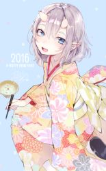 Rule 34 | 1girl, :d, akeome, blue eyes, blush, chopsticks, ear piercing, earrings, fang, from side, grey hair, happy new year, highres, holding, holding chopsticks, horns, japanese clothes, jewelry, kimono, looking at viewer, looking to the side, medium hair, nekometaru, new year, obi, oni, oni horns, open mouth, original, piercing, pointy ears, sandals, sash, sitting, smile, solo, yellow kimono
