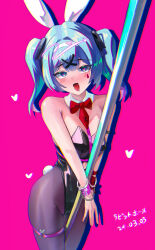 Rule 34 | 1girl, :d, absurdres, animal ears, bare shoulders, black leotard, black pantyhose, blue hair, blush, bolcham, bow, bowtie, breasts, cowboy shot, detached collar, dot nose, fake animal ears, fake tail, hair between eyes, hair ornament, hatsune miku, highleg, highleg leotard, highres, large breasts, leotard, long hair, looking at viewer, open mouth, pantyhose, pink background, playboy bunny, pole, pure pure (rabbit hole), rabbit ears, rabbit hole (vocaloid), rabbit tail, red bow, red bowtie, short twintails, sidelocks, simple background, skindentation, smile, solo, stripper pole, tail, thigh strap, tongue, tongue out, twintails, vocaloid, x hair ornament