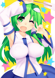Rule 34 | 1girl, blush, breasts, detached sleeves, covered erect nipples, frog hair ornament, gohei, green eyes, green hair, hair ornament, hair tubes, japanese clothes, kochiya sanae, large breasts, long hair, long sleeves, looking at viewer, matching hair/eyes, midriff, mikan (bananoha), miko, navel, one eye closed, oonusa, open mouth, shirt, skirt, smile, solo, star (symbol), touhou, upper body, v, wide sleeves, yellow background