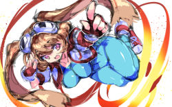Rule 34 | 1girl, :d, animal ears, blue bodysuit, bodysuit, breasts, brown hair, rabbit ears, cropped jacket, fingerless gloves, fujishima-sei ichi-gou, full body, gloves, goggles, goggles on head, highres, impossible bodysuit, impossible clothes, large breasts, looking at viewer, makihara arina, open mouth, pointing, pointing at viewer, purple eyes, red footwear, red gloves, shoes, short hair, skin tight, smile, sneakers, solo, thighs, waku waku 7