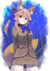 Rule 34 | 10s, 1girl, absurdres, animal ear fluff, animal ears, arms behind back, blue bow, bow, bowtie, brown eyes, brown jacket, brown skirt, cowboy shot, fate/extra, fate (series), fox ears, fox tail, from behind, hair between eyes, hair bow, highres, jacket, kaerude123, long hair, looking at viewer, miniskirt, pink hair, pleated skirt, red bow, school uniform, skirt, smile, solo, standing, tail, tamamo (fate), tamamo no mae (fate/extra), tsukumihara academy uniform (fate/extra ccc)