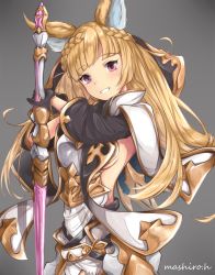 Rule 34 | 1girl, amor, animal ears, black gloves, blonde hair, breasts, brown background, detached sleeves, floating hair, gloves, granblue fantasy, grin, head tilt, highres, holding, holding sword, holding weapon, hoshimiya mashiro, long hair, medium breasts, red eyes, sideboob, signature, simple background, smile, solo, standing, sword, very long hair, weapon, yuisis (granblue fantasy)