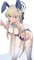 Rule 34 | 1girl, animal ears, blonde hair, blue archive, blue eyes, blue leotard, bow, bowtie, breasts, detached collar, double v, fake animal ears, halo, highres, leaning forward, leotard, long hair, looking at viewer, medium breasts, nobisu tori, official alternate costume, playboy bunny, rabbit ears, solo, strapless, strapless leotard, thighhighs, toki (blue archive), toki (bunny) (blue archive), v, very long hair, white background, white thighhighs, wrist cuffs
