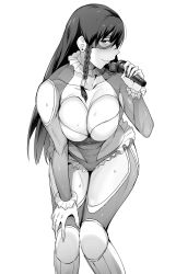 Rule 34 | 1girl, abs, alternate hairstyle, bent over, blush, braid, breasts, bun cover, capcom, chun-li, cleavage, cleavage cutout, clothing cutout, commission, cosplay, domino mask, double bun, frills, from side, greyscale, hair bun, hair down, heart cutout, highres, large breasts, leotard, long hair, looking at viewer, mask, messatsu tan, microphone, monochrome, muscular, muscular female, pixiv commission, rainbow mika, rainbow mika (cosplay), side braid, simple background, solo, standing, street fighter, street fighter v, sweat, sweatdrop, thick thighs, thighhighs, thighs, thong leotard, twin braids, white background, wrestling outfit