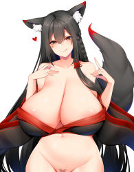 Rule 34 | 1girl, :q, absurdres, animal ear fluff, animal ears, areola slip, bare shoulders, black hair, black kimono, bottomless, braid, breasts, chixiao, cleavage, collarbone, eyeshadow, female pubic hair, fox ears, fox girl, fox shadow puppet, fox tail, groin, hair between eyes, hands up, head tilt, heart, highres, huge breasts, japanese clothes, kimono, long hair, long sleeves, makeup, navel, off shoulder, original, pubic hair, pubic hair peek, red eyes, shiny skin, simple background, smile, solo, tail, tongue, tongue out, very long hair, white background, wide sleeves
