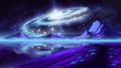 Rule 34 | 2others, artist name, artstation username, commentary, english commentary, fog, foliage, galaxy, horizon, kvacm, lake, mountain, mountainous horizon, multiple others, nature, original, purple theme, reflection, scenery, science fiction, sky, space, standing, star (sky), starry sky, very wide shot, watermark, web address