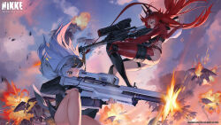 Rule 34 | absurdres, aiming, anti-materiel rifle, breasts, bullpup, cleavage, falling, firing, goddess of victory: nikke, gun, hair between eyes, highres, holding, holding gun, holding weapon, horns, jacket, large breasts, leather, leather jacket, long hair, long sleeves, mechanical horns, muzzle flash, official art, red hair, red hood (nikke), red scarf, rifle, scarf, sidelocks, sky, sniper rifle, snow white (nikke), weapon, wide shot, yellow eyes
