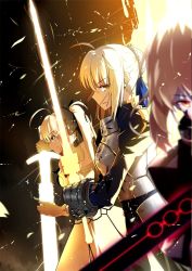 Rule 34 | 3girls, ahoge, armor, armored dress, artoria pendragon (all), artoria pendragon (fate), aura, black bow, black ribbon, blonde hair, blue dress, blue ribbon, blurry, bow, braid, breastplate, caliburn (fate), closed mouth, commentary, depth of field, dress, dual persona, excalibur (fate/stay night), excalibur morgan (fate), fate/grand order, fate/stay night, fate/unlimited codes, fate (series), faulds, french braid, from side, gauntlets, gloves, glowing, glowing sword, glowing weapon, green eyes, hair between eyes, hair bow, hair bun, hair ribbon, holding, holding sheath, holding sword, holding weapon, juliet sleeves, light particles, lineup, long sleeves, looking at viewer, lucky (1045044604), multiple girls, pale skin, ponytail, puffy sleeves, ribbon, saber (fate), saber alter, saber lily, scabbard, serious, sheath, short hair, sidelocks, sideways glance, single hair bun, slit pupils, standing, sword, two-handed, unsheathing, v-shaped eyebrows, v-shaped eyes, weapon, white dress, yellow gloves