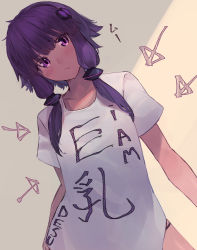 Rule 34 | 1girl, arrow (projectile), blush, clothes writing, collarbone, commentary request, from below, hair ornament, highres, hiiragi mikoto, long hair, looking at viewer, purple eyes, purple hair, shirt, short hair with long locks, short sleeves, sidelocks, solo, translation request, twintails, upper body, voiceroid, white shirt, yuzuki yukari