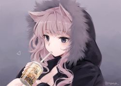 Rule 34 | 1girl, black eyes, black jacket, breasts, brown hair, cleavage, commentary request, cup, disposable cup, drinking straw, fingernails, fur-trimmed hood, fur trim, grey background, holding, holding cup, hood, hood up, hooded jacket, jacket, knees up, long hair, long sleeves, looking at viewer, medium breasts, nyanya, original, simple background, sitting, sleeves past wrists, solo, twitter username