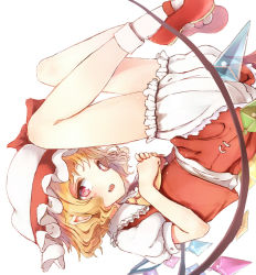 Rule 34 | 1girl, ascot, asymmetrical wings, blonde hair, bloomers, dress, flandre scarlet, hat, little red riding hood, mary janes, open mouth, red dress, red eyes, ripu (lipi), shoes, short hair, side ponytail, simple background, solo, touhou, underwear, upside-down, wings