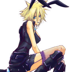 Rule 34 | 1990s (style), 1girl, artist request, blonde hair, blue eyes, blue lips, breasts, cloud strife, female focus, final fantasy, final fantasy vii, fishnet thighhighs, fishnets, garter straps, gender request, genderswap, lipstick, looking at viewer, makeup, retro artstyle, short hair, sitting, skirt, solo, thighhighs