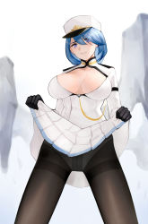 Rule 34 | 1girl, absurdres, azur lane, black gloves, black pantyhose, blue eyes, blue hair, bow, breasts, chapayev (azur lane), cl (summer sama), clothes lift, gloves, hat, highres, large breasts, lifted by self, looking at viewer, military hat, mole, mole on breast, panties, panties under pantyhose, pantyhose, pantyshot, short hair, simple background, skirt, skirt hold, skirt lift, solo, thighs, underwear