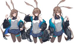 Rule 34 | 1girl, :o, absurdres, amiya (arknights), animal ears, arknights, armpit crease, ascot, bare shoulders, black collar, black jacket, blue ascot, blue eyes, blue skirt, blush, breasts, brown hair, brown pantyhose, clipboard, closed mouth, collar, commentary, contrapposto, cowboy shot, cropped legs, embarrassed, fang, floating hair, flustered, from side, hair between eyes, hand on own hip, hand on own shoulder, hand up, highres, holding, holding clipboard, holding pen, infection monitor (arknights), jacket, long hair, long sleeves, looking at viewer, looking to the side, medium breasts, miniskirt, multiple views, off shoulder, open clothes, open jacket, open mouth, outline, outstretched hand, pantyhose, parted lips, pen, plaid, plaid skirt, pocket, ponytail, puffy long sleeves, puffy sleeves, rabbit ears, rabbit girl, ribbed sweater, shadow, sideboob, sidelocks, simple background, skirt, sleeveless, sleeveless sweater, smile, standing, sweater, thighlet, tobildesu, twintails, two-sided fabric, two-sided jacket, v-shaped eyebrows, very long hair, white background, white outline, white sweater, wide sleeves