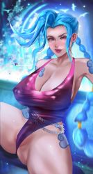 Rule 34 | 1girl, absurdres, alternate breast size, alternate costume, animal, ass, asymmetrical bangs, bad id, bad pixiv id, bird, blue hair, blurry, blurry background, blushed arts, braid, breasts, cameltoe, collarbone, covered erect nipples, freckles, highres, huge breasts, jinx (league of legends), large breasts, league of legends, leg tattoo, leotard, long hair, pink eyes, purple leotard, shoulder tattoo, sitting, smile, solo, spread legs, tattoo, thighs, twin braids