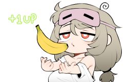 Rule 34 | 1girl, 1up, ahoge, bad id, bad twitter id, banana, bare shoulders, breasts, bright pupils, commentary request, eye mask, food, fruit, grey hair, indie virtual youtuber, korean commentary, large breasts, long hair, low-tied long hair, lowres, mask, mask on head, off shoulder, original, red eyes, saru (monkey magic3), saruko (vtuber), shirt, simple background, solo, swirl, t-shirt, twintails, upper body, virtual youtuber, white background, white pupils, white shirt