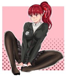 Rule 34 | 1girl, black bow, black jacket, blush, bow, breasts, buttons, closed mouth, collarbone, female focus, hair ribbon, highres, jacket, knee up, large breasts, legs, lepypepy, lips, long hair, looking at viewer, miniskirt, panties, pantyhose, pantyshot, persona, persona 5, plaid, plaid skirt, polka dot, polka dot background, ponytail, red eyes, red hair, red ribbon, ribbon, school uniform, shuujin academy school uniform, sitting, skirt, spread legs, thighs, toes, underwear, yoshizawa kasumi