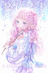Rule 34 | 1girl, 2021, absurdres, blue eyes, blue ribbon, curly hair, english text, flower, flower over mouth, highres, holding, holding plant, japanese clothes, kimono, kousagi, large ribbon, long hair, long sleeves, new year, original, pink hair, plant, ribbon, solo