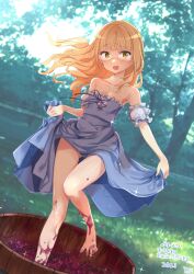 Rule 34 | 1girl, absurdres, aohashi ame, bare shoulders, barefoot, blonde hair, bucket, food, fruit, glasses, grape stomping, grapes, grass, highres, in bucket, in container, looking at viewer, open mouth, outdoors, perrine h. clostermann, signature, skirt, skirt hold, solo, stomping, strike witches, world witches series, yellow eyes