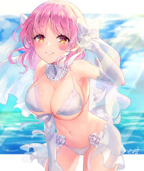 Rule 34 | 1girl, absurdres, bikini, blue sky, blush, borrowed character, bow, breasts, cleavage, cloud, cloudy sky, commentary request, detached collar, dress, elbow gloves, flower, gloves, hair bow, highres, large breasts, leaning forward, looking at viewer, navel, ocean, orange eyes, original, parted lips, pink hair, piyoyanagi, sky, smile, solo, standing, swimsuit, wedding dress, white bikini, white bow, white flower, white gloves