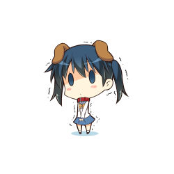 Rule 34 | 1girl, animal ears, black footwear, blouse, blue eyes, blue hair, blue sailor collar, blue skirt, blush stickers, bow, bowtie, chibi, closed mouth, collar, commentary request, dog ears, full body, gia kon, highres, kin-iro mosaic, komichi aya, long hair, long sleeves, looking at viewer, own hands together, red collar, sailor collar, school uniform, serafuku, shaded face, shadow, shirt, shoes, skirt, solid oval eyes, solo, standing, trembling, twintails, white background, white legwear, white shirt, yellow bow, yellow bowtie