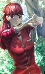 Rule 34 | 1girl, absurdres, bow, closed mouth, collarbone, dappled sunlight, day, forest, hair bow, highres, jacket, long hair, long sleeves, looking at viewer, nature, outdoors, persona, persona 5, persona 5 the royal, red bow, red eyes, red hair, red jacket, reonzeee0120, smile, solo, stretching, sunlight, track jacket, tree, upper body, yoshizawa kasumi, zipper