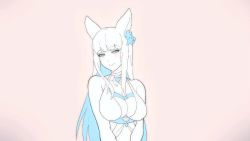 Rule 34 | 1girl, :d, animal ears, animated, animated gif, armpits, arms up, bare shoulders, blunt bangs, blush, bouncing breasts, breasts, erune, flower, granblue fantasy, hair flower, hair ornament, korwa, large breasts, lips, long hair, looking at viewer, monochrome, nail polish, nazo kitsune, open mouth, sidelocks, smile, solo, swimsuit, teeth, upper teeth only