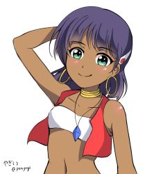 Rule 34 | 1girl, bandeau, bracelet, closed mouth, commentary, dark skin, dark-skinned female, earrings, fushigi no umi no nadia, hair ornament, hairclip, highres, jewelry, looking at viewer, nadia la arwall, neck ring, necklace, ponyakii, short hair, simple background, smile, solo, white background