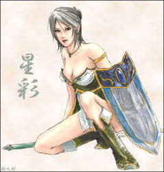 Rule 34 | 1girl, boots, breasts, cleavage, large breasts, lowres, shield, shin sangoku musou, solo, xing cai