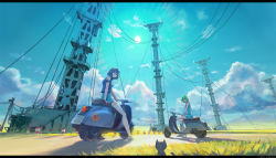 Rule 34 | 2girls, arm support, arsenixc, bare shoulders, bob cut, cable, cat, cloud, crossover, eureka (eureka seven), eureka seven, eureka seven (series), fisheye, from below, goggles, goggles on head, grass, green hair, isle of winds, letterboxed, light rays, motor vehicle, multiple girls, off shoulder, purple hair, road, sandals, scenery, scooter, shadow, short hair, sky, sun, sunbeam, sunlight, vehicle, vespa, white legwear, yumi (isle of winds)