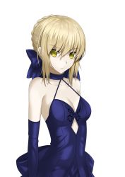 Rule 34 | 1girl, argyle, argyle clothes, argyle cutout, artoria pendragon (all), artoria pendragon (fate), bad id, bad pixiv id, blonde hair, blue bow, blue dress, blue gloves, bow, breasts, cleavage, clothing cutout, collarbone, dress, elbow gloves, fate/stay night, fate (series), gloves, green eyes, hair between eyes, hair bow, hajika, highres, looking at viewer, medium breasts, saber alter, short hair with long locks, sidelocks, simple background, sleeveless, sleeveless dress, solo, standing, underboob cutout, upper body, white background