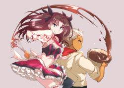 Rule 34 | 1boy, 1girl, archer (fate), bare shoulders, between fingers, black hair, black thighhighs, blue eyes, bowl, breasts, chef, chocolate, cleavage, cleavage cutout, clothing cutout, dark-skinned male, dark skin, fate/grand order, fate/stay night, fate (series), frilled skirt, frills, gem, hair ribbon, haku (grimjin), heart, holding, long hair, looking at viewer, looking back, medium breasts, midriff, navel, necktie, parted bangs, purple skirt, ribbon, serious, skirt, sleeveless, smile, spiked hair, thighhighs, tohsaka rin, twintails, two side up, upper body, valentine, whisk, white hair, wrist cuffs, yellow eyes, zettai ryouiki