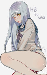 Rule 34 | 1girl, abyssal ship, aki663, bare legs, barefoot, blush, bottomless, breasts, grey background, hair between eyes, kantai collection, long hair, looking at viewer, medium breasts, open mouth, sailor collar, sailor shirt, shirt, silver hair, simple background, sitting, solo, ta-class battleship, yellow eyes