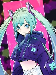 Rule 34 | 1girl, 39, absurdres, blue eyes, blue hair, character name, closed mouth, coat, crop top, hair ornament, hatsune miku, heysiriwasshoy, highres, long hair, looking at viewer, midriff, navel, open clothes, open coat, pants, purple coat, smile, solo, stomach, twintails, very long hair, vocaloid, white pants