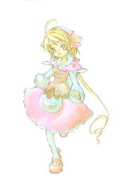 Rule 34 | 1girl, :d, blonde hair, blue eyes, corset, dress, kouji (re.m.er), long sleeves, looking at viewer, lowres, open mouth, pink dress, polka, polka (trusty bell), short hair, simple background, smile, solo, trusty bell, white background